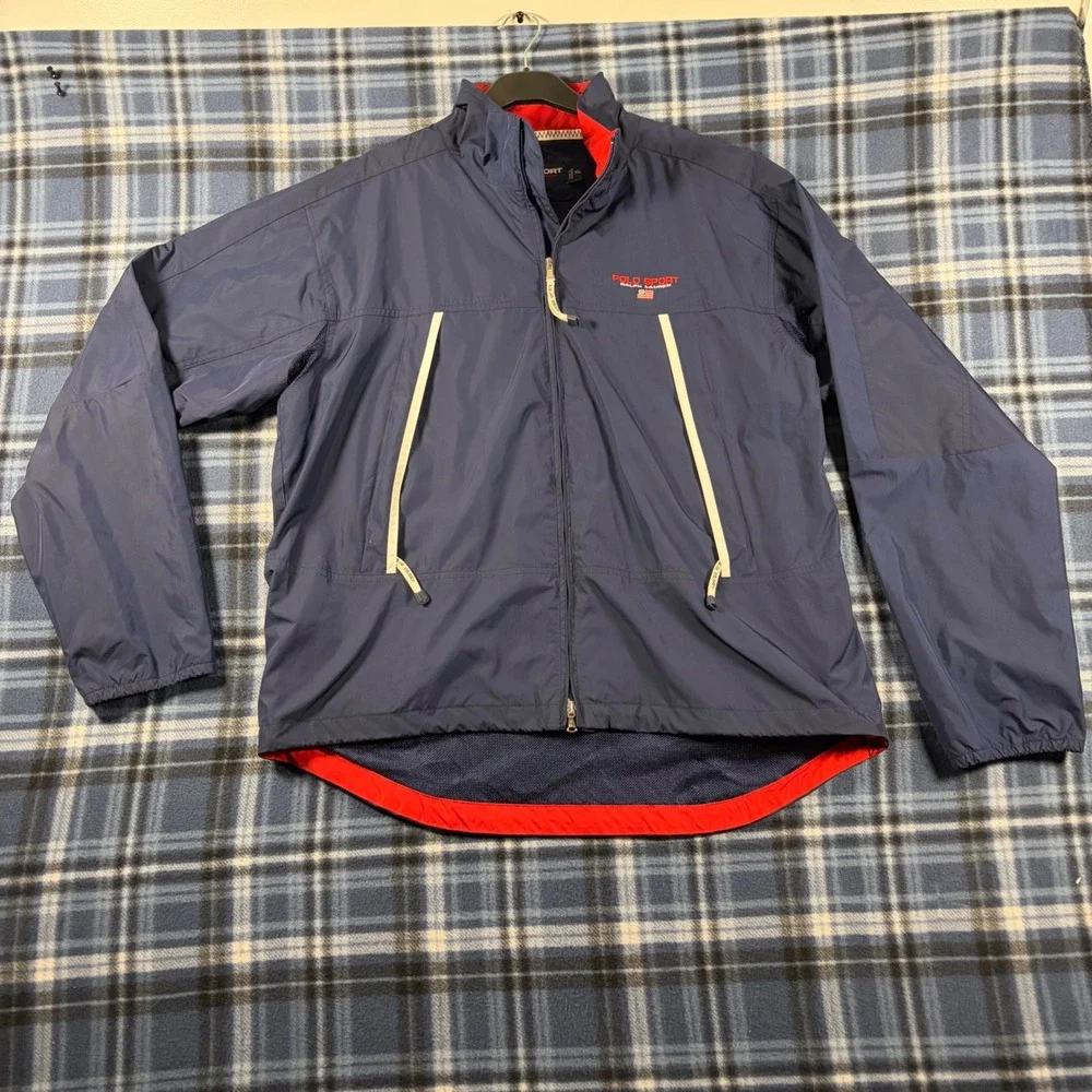 Polo Sport Ralph Lauren Mens XL Navy Blue Full Zip Windbreaker Jacket Red Trim